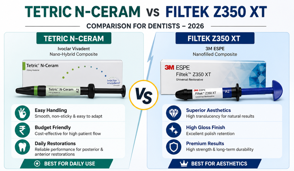 Tetric N-Ceram vs Filtek Z350 XT comparison chart for dentists in India
