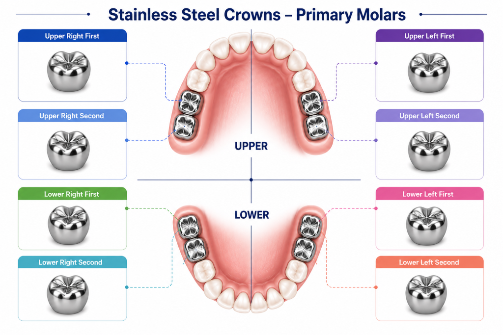 stainless steel crowns for kids sizing chart by quadrant