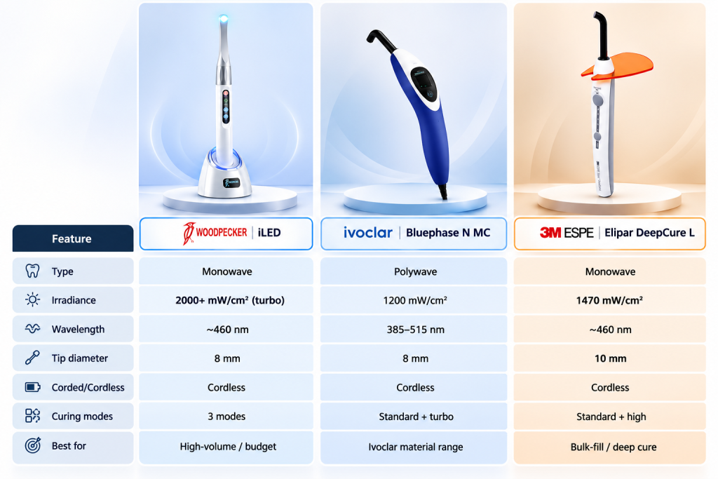 Comparison table of the best LED curing lights in India for dentists
